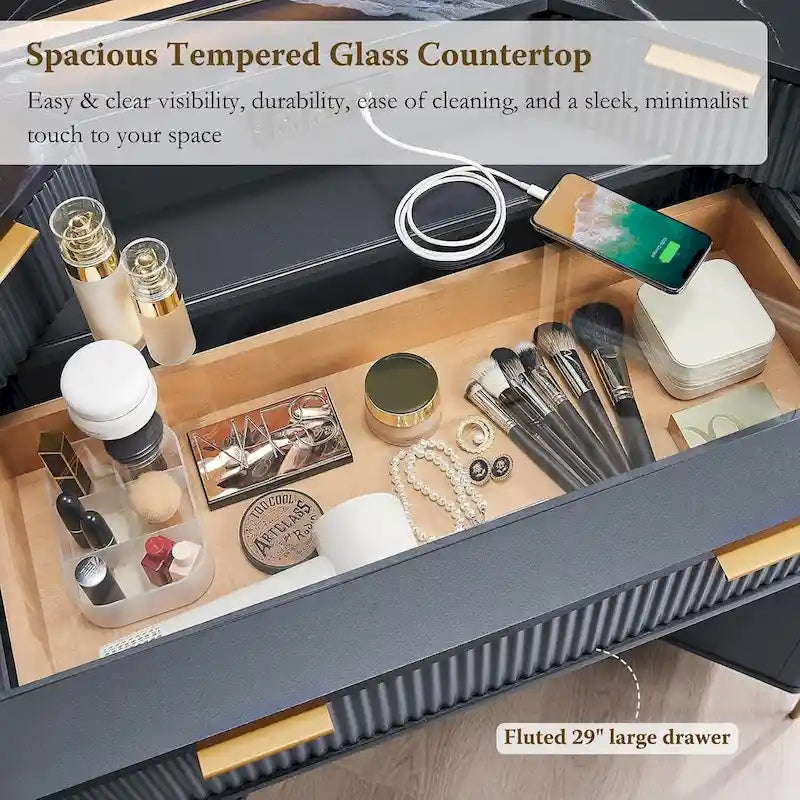 Contemporary Fluted Makeup Vanity Table with 3-Way Mirror and Integrated Lighting 6