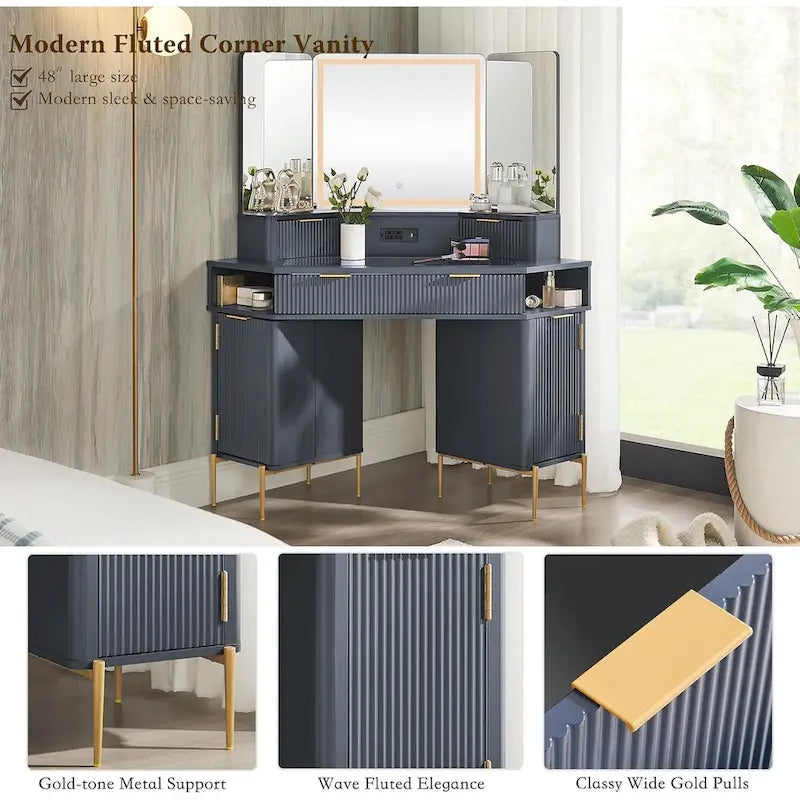 Contemporary Fluted Makeup Vanity Table with 3-Way Mirror and Integrated Lighting 7