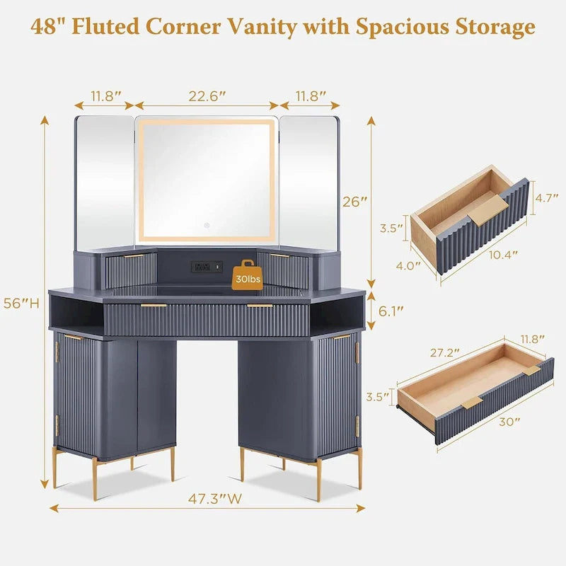 Contemporary Fluted Makeup Vanity Table with 3-Way Mirror and Integrated Lighting 9