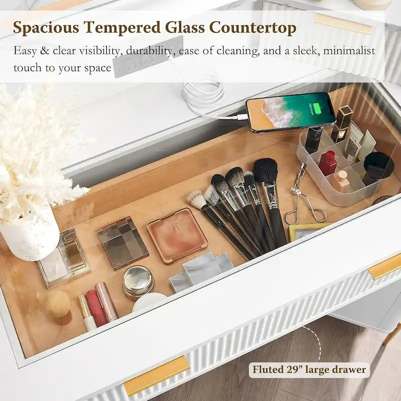 Contemporary Fluted Makeup Vanity Table with 3-Way Mirror and Integrated Lighting 10