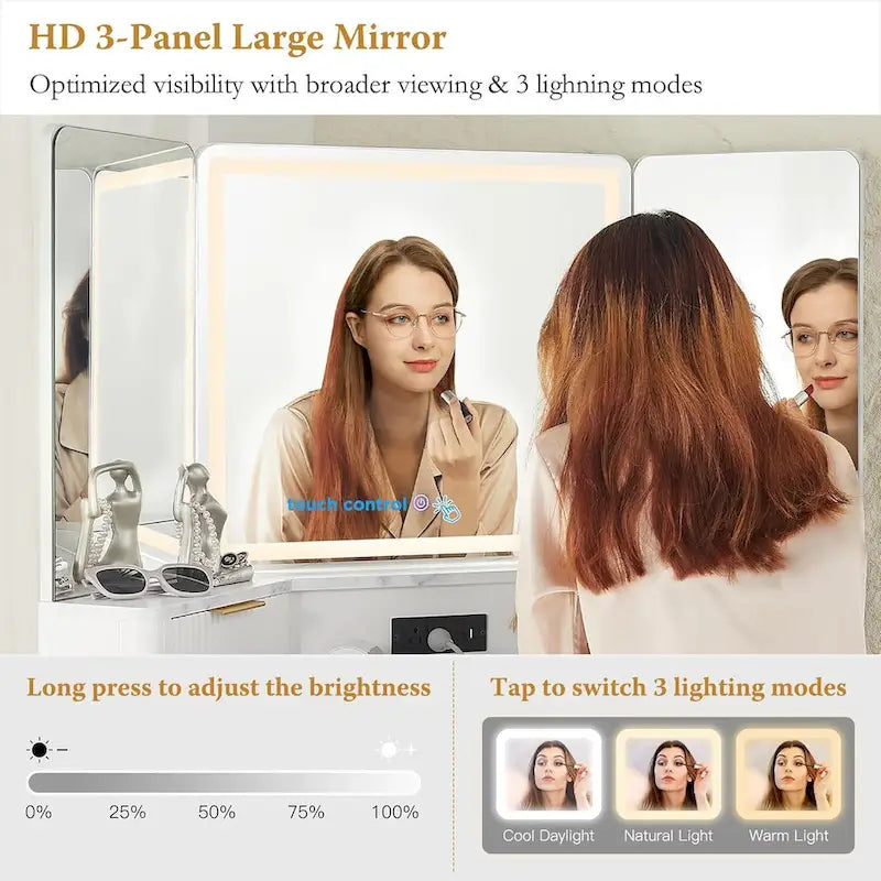 Contemporary Fluted Makeup Vanity Table with 3-Way Mirror and Integrated Lighting 11