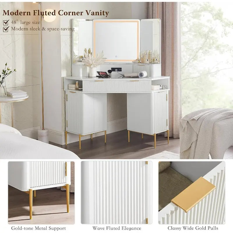 Contemporary Fluted Makeup Vanity Table with 3-Way Mirror and Integrated Lighting 12