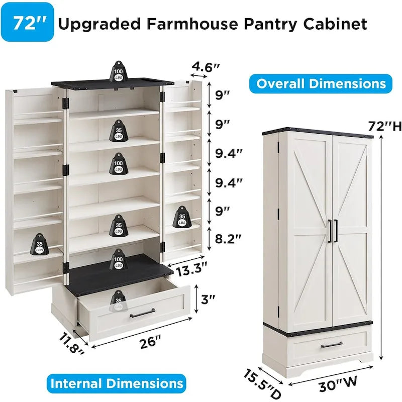 72-Inch Tall Farmhouse Kitchen Pantry Cabinet - Stylish Storage Cupboard 2