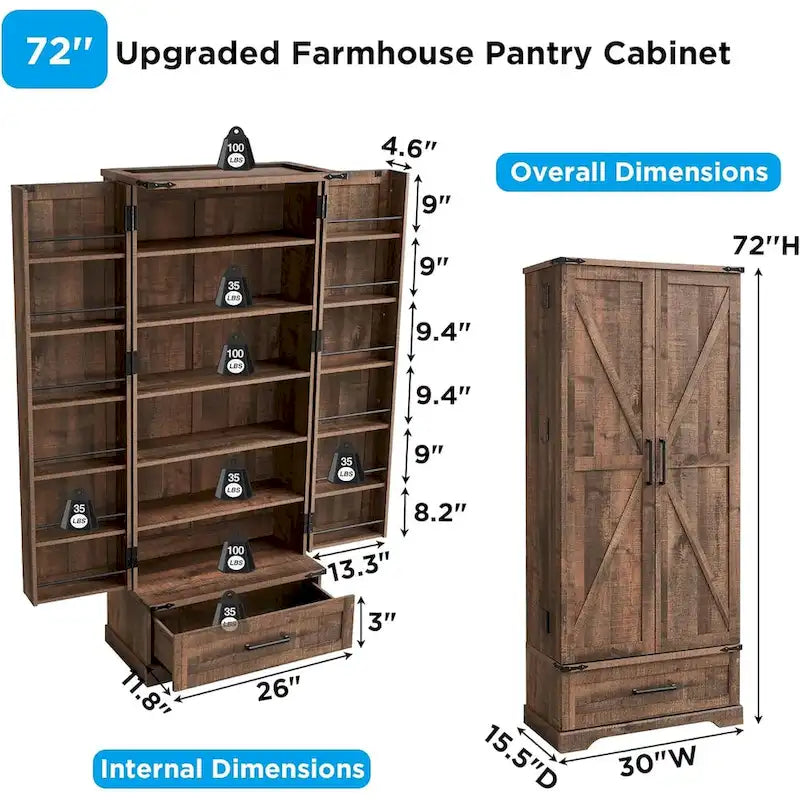72-Inch Tall Farmhouse Kitchen Pantry Cabinet - Stylish Storage Cupboard 10