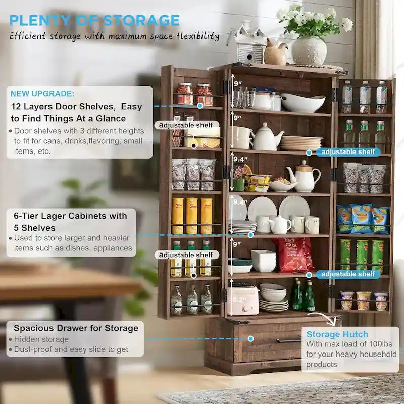 72-Inch Tall Farmhouse Kitchen Pantry Cabinet - Stylish Storage Cupboard 11