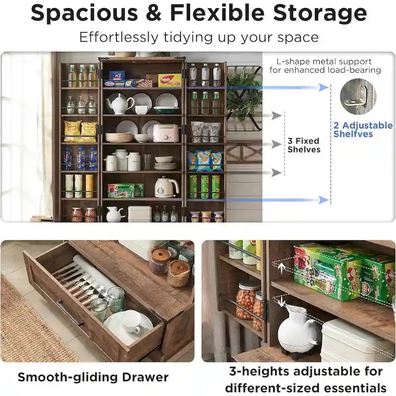 72-Inch Tall Farmhouse Kitchen Pantry Cabinet - Stylish Storage Cupboard 14