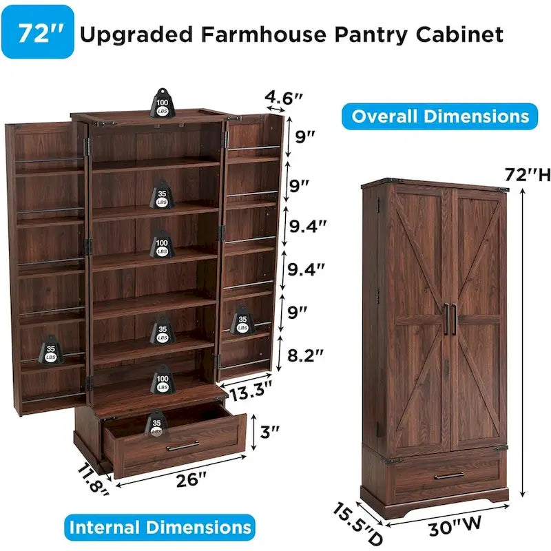 72-Inch Tall Farmhouse Kitchen Pantry Cabinet - Stylish Storage Cupboard 18