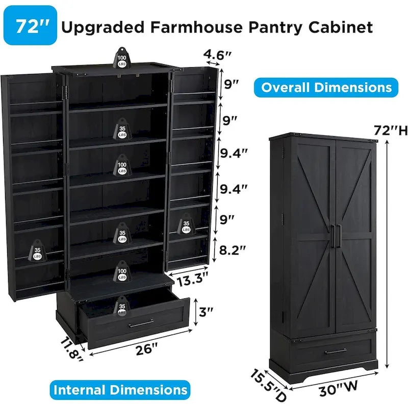 72-Inch Tall Farmhouse Kitchen Pantry Cabinet - Stylish Storage Cupboard 24