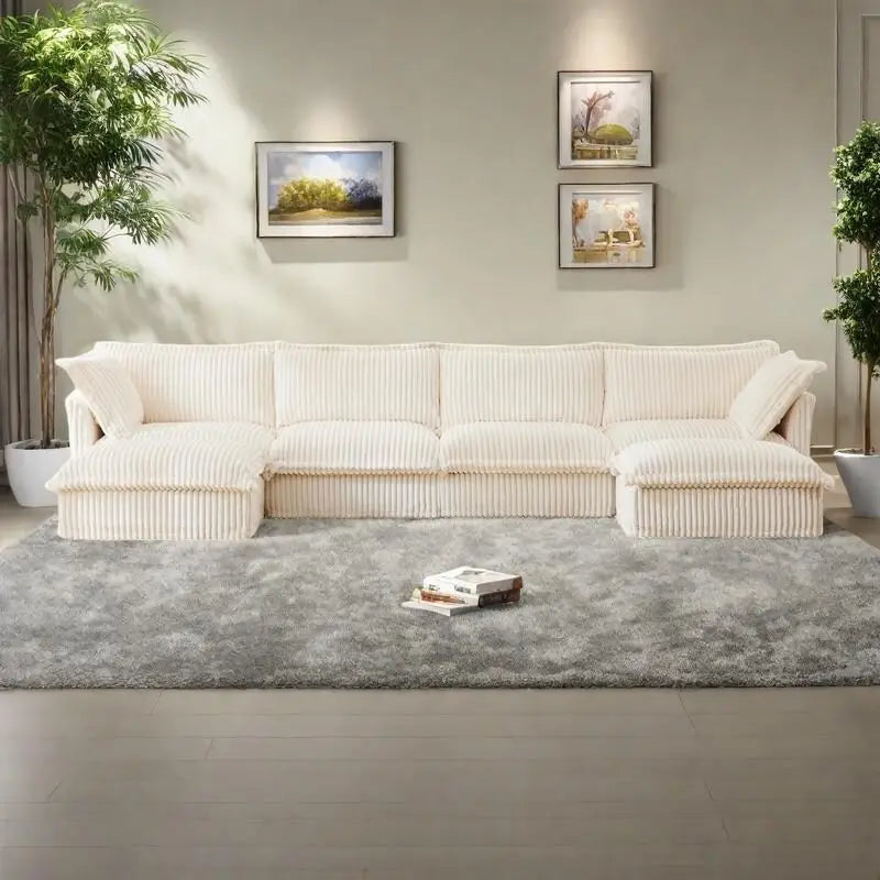 156.6" Corduroy U-Shape 4-Seater Sectional Sofa with Removable Slipcover, Deep Seat Design, and Elegant French Edge Accents 38