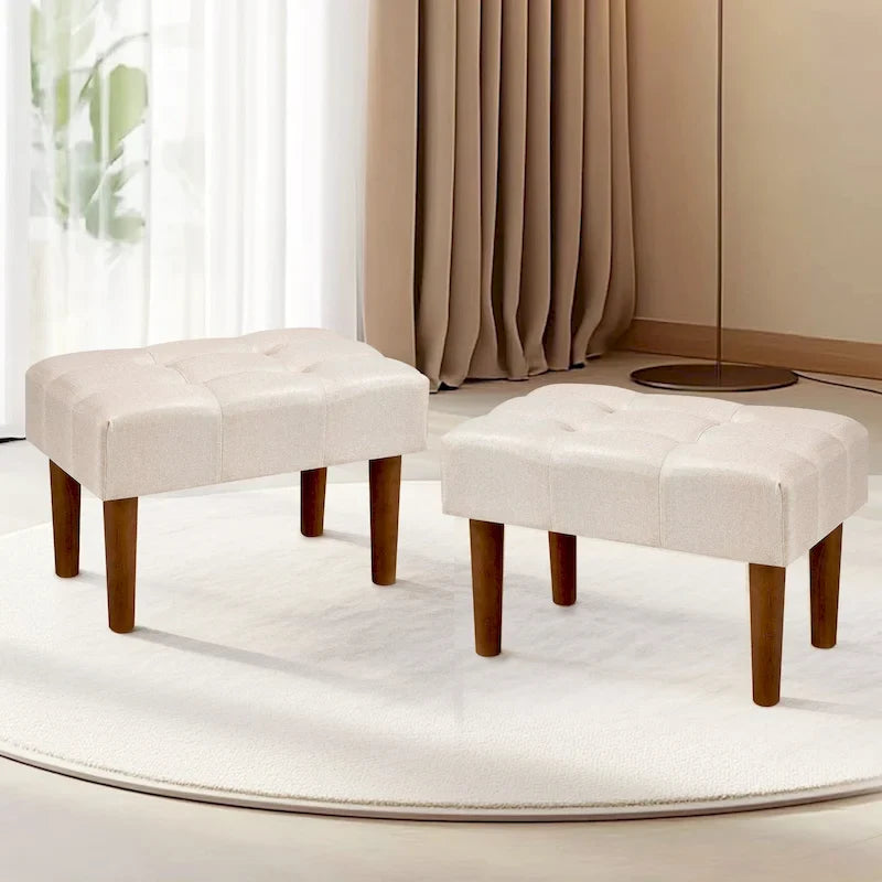 Set of 2 Small Linen Foot Stools with Legs - Rectangle Upholstered Ottoman Footrests 34