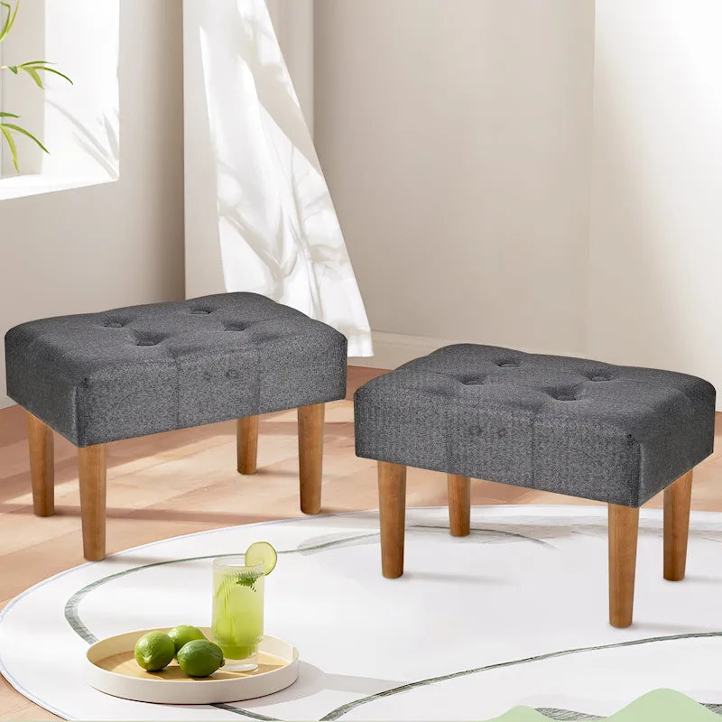 Set of 2 Small Linen Foot Stools with Legs - Rectangle Upholstered Ottoman Footrests 35