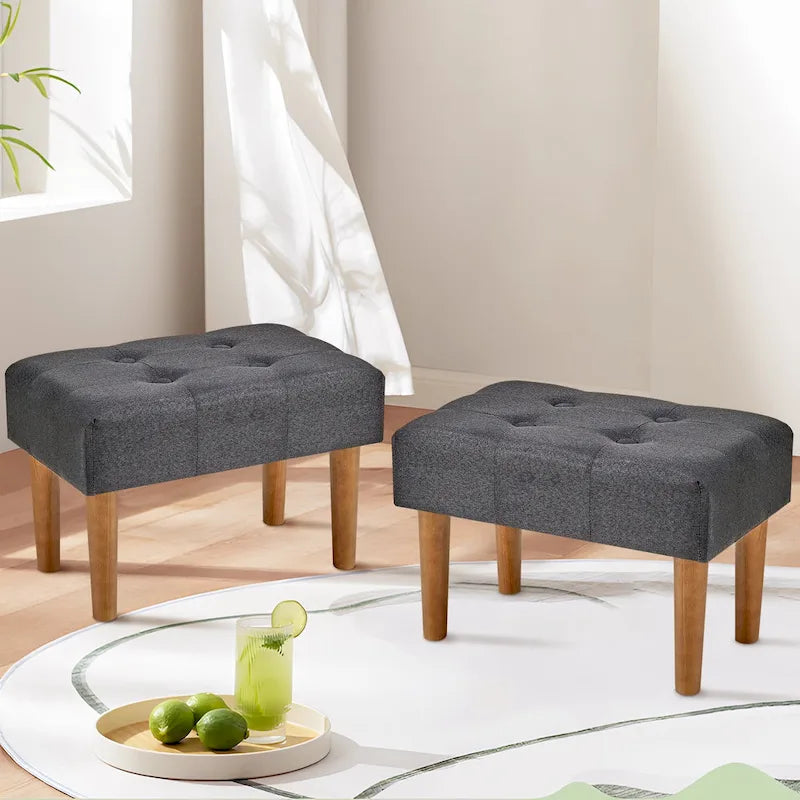 Set of 2 Small Linen Foot Stools with Legs - Rectangle Upholstered Ottoman Footrests 1