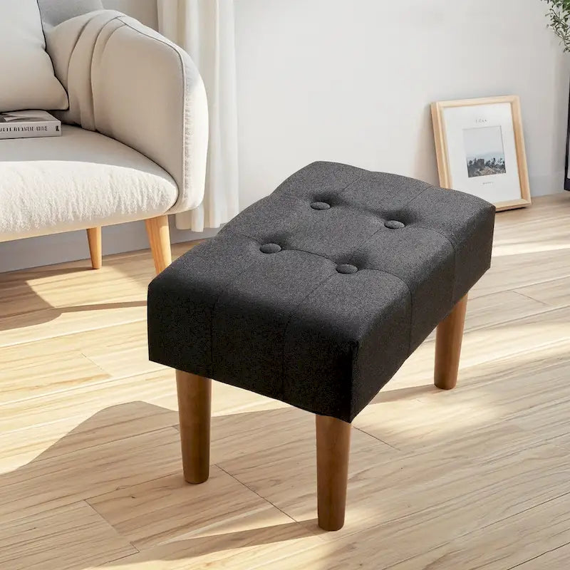 Set of 2 Small Linen Foot Stools with Legs - Rectangle Upholstered Ottoman Footrests 2