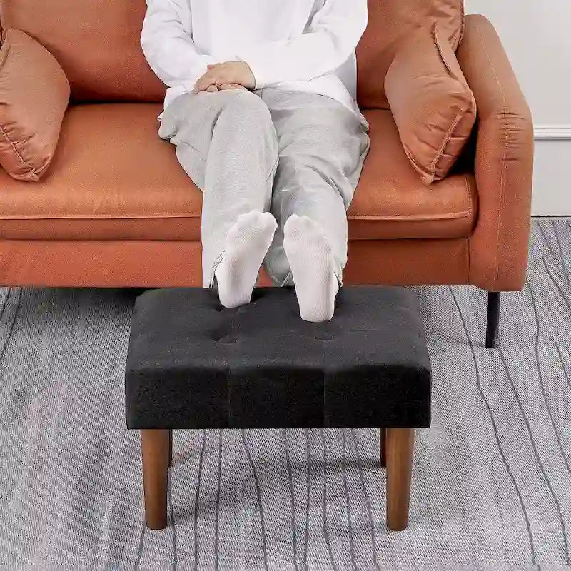 Set of 2 Small Linen Foot Stools with Legs - Rectangle Upholstered Ottoman Footrests 6