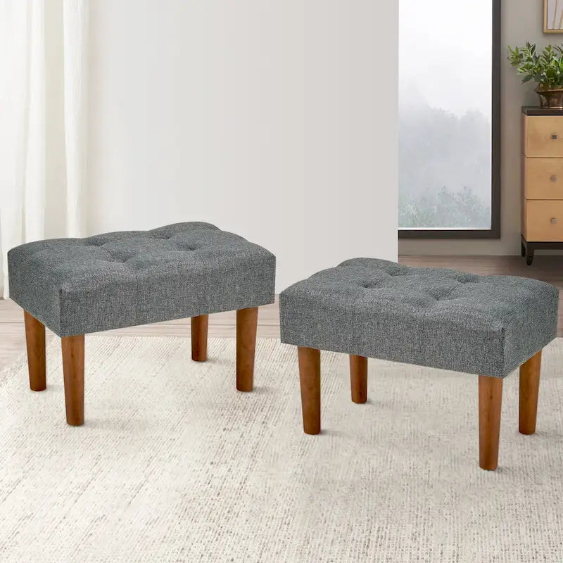 Set of 2 Small Linen Foot Stools with Legs - Rectangle Upholstered Ottoman Footrests 8