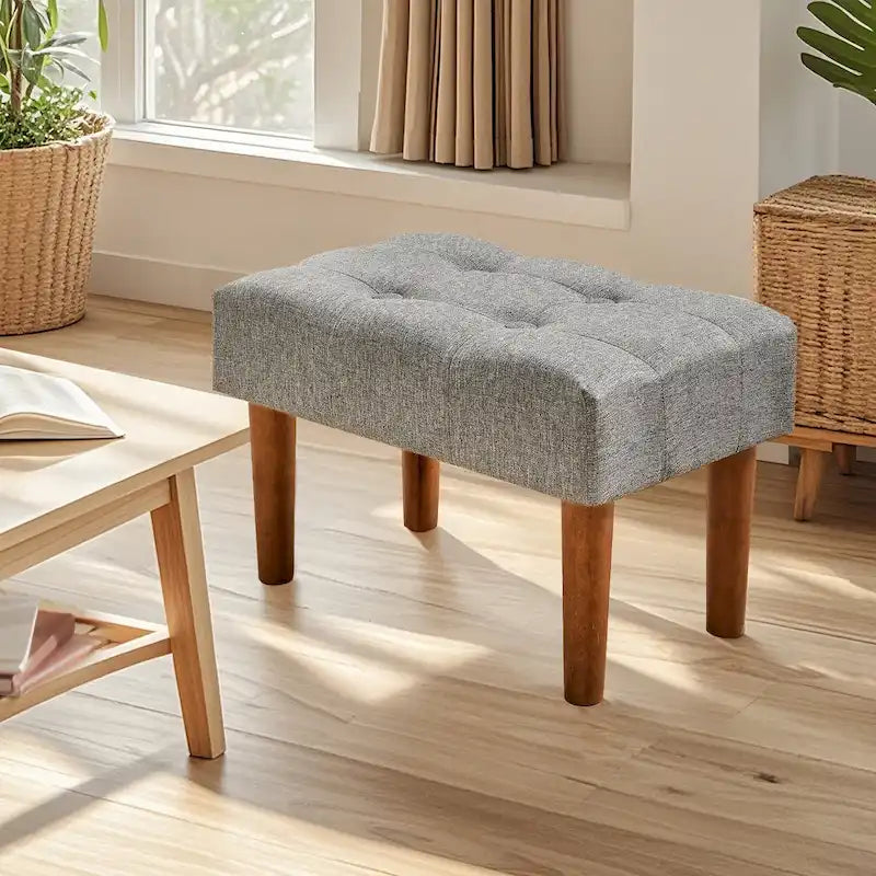 Set of 2 Small Linen Foot Stools with Legs - Rectangle Upholstered Ottoman Footrests 9