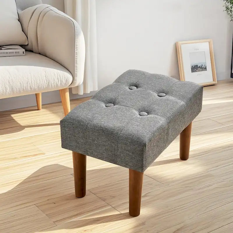 Set of 2 Small Linen Foot Stools with Legs - Rectangle Upholstered Ottoman Footrests 10
