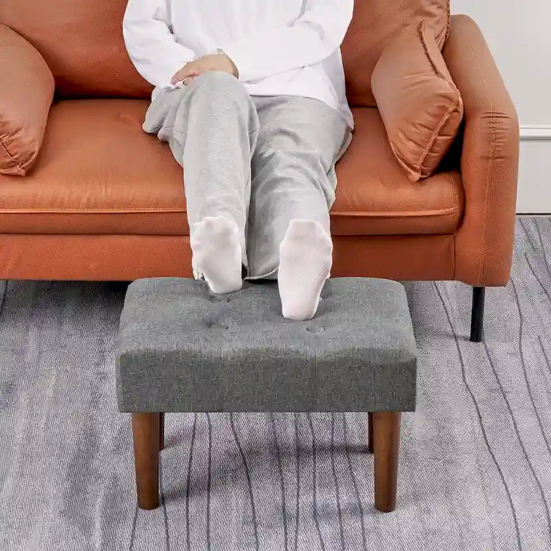 Set of 2 Small Linen Foot Stools with Legs - Rectangle Upholstered Ottoman Footrests 14