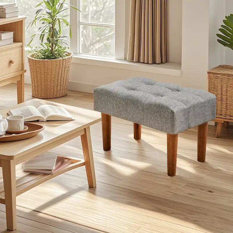 Set of 2 Small Linen Foot Stools with Legs - Rectangle Upholstered Ottoman Footrests 15