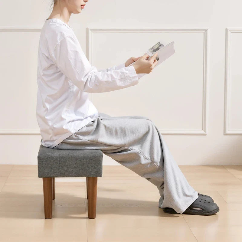 Set of 2 Small Linen Foot Stools with Legs - Rectangle Upholstered Ottoman Footrests 16