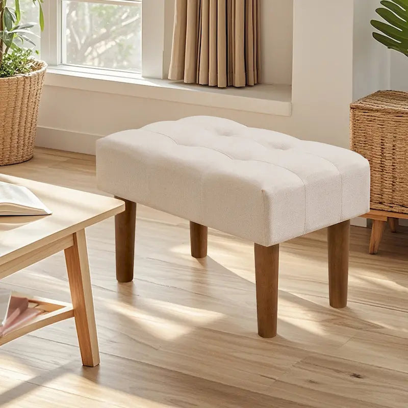 Set of 2 Small Linen Foot Stools with Legs - Rectangle Upholstered Ottoman Footrests 19