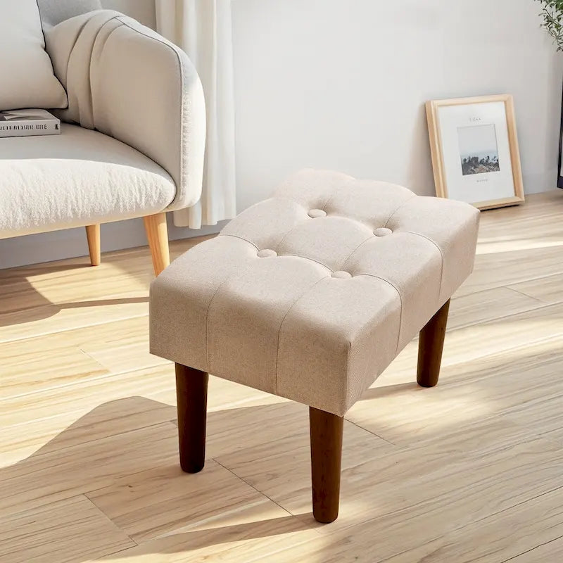 Set of 2 Small Linen Foot Stools with Legs - Rectangle Upholstered Ottoman Footrests 20