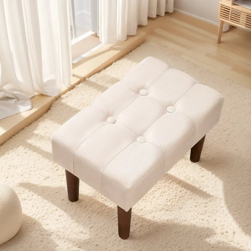 Set of 2 Small Linen Foot Stools with Legs - Rectangle Upholstered Ottoman Footrests 23