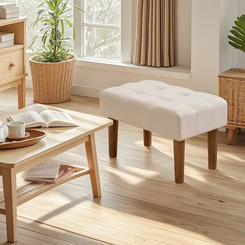 Set of 2 Small Linen Foot Stools with Legs - Rectangle Upholstered Ottoman Footrests 24