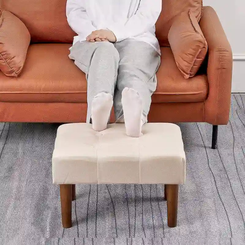 Set of 2 Small Linen Foot Stools with Legs - Rectangle Upholstered Ottoman Footrests 26