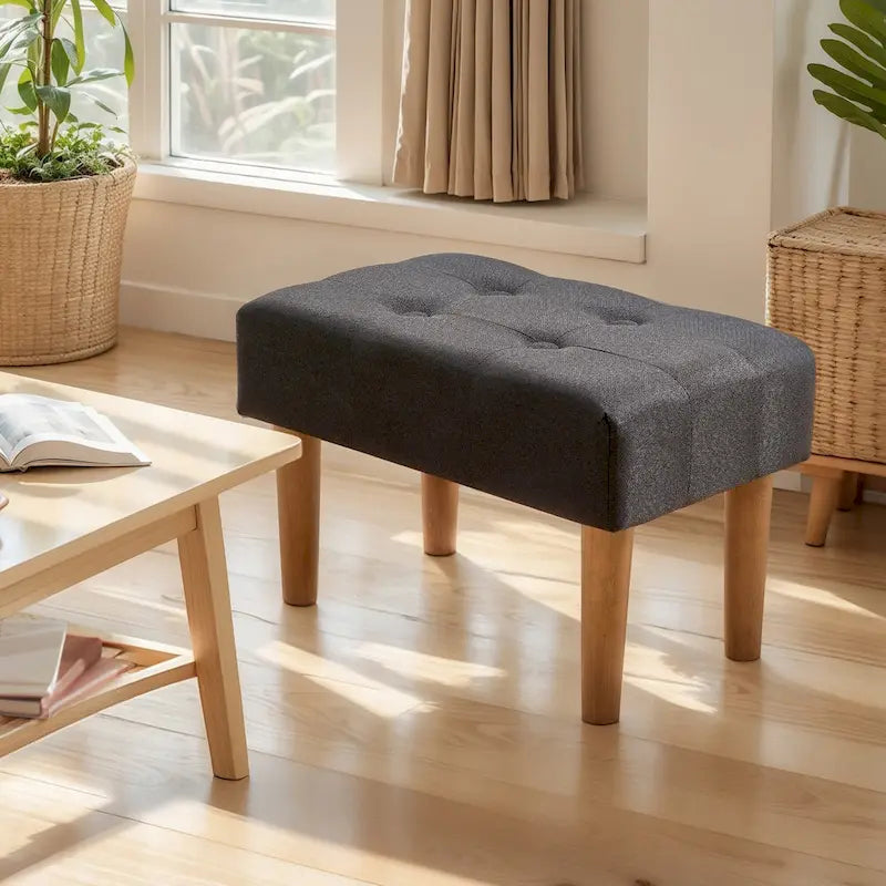Set of 2 Small Linen Foot Stools with Legs - Rectangle Upholstered Ottoman Footrests 29