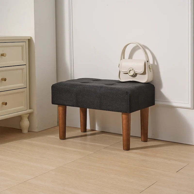 Set of 2 Small Linen Foot Stools with Legs - Rectangle Upholstered Ottoman Footrests 32