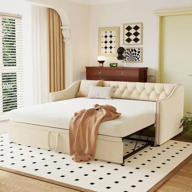 Upholstered Daybed with Trundle Bed and Tufted Backrest 28