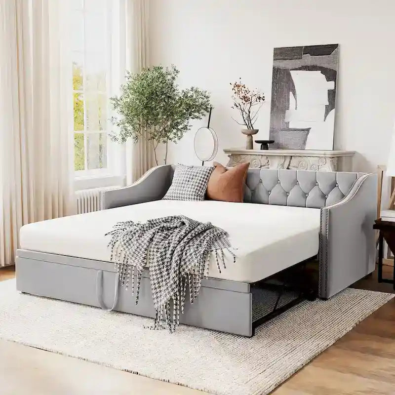 Upholstered Daybed with Trundle Bed and Tufted Backrest 30