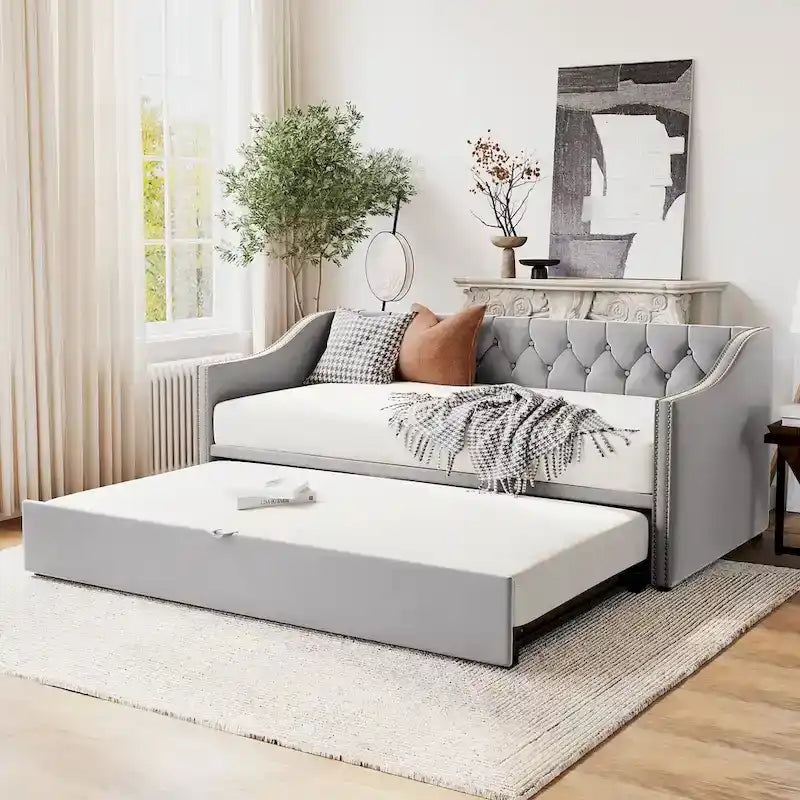 Upholstered Daybed with Trundle Bed and Tufted Backrest