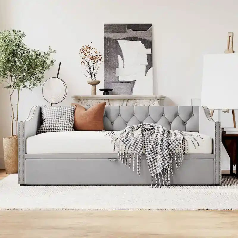 Upholstered Daybed with Trundle Bed and Tufted Backrest 3