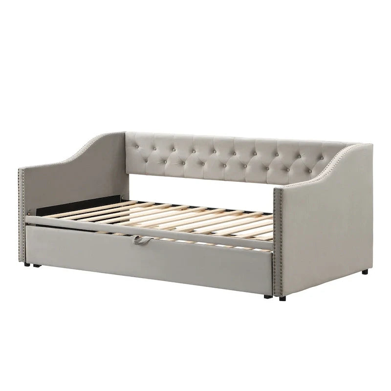 Upholstered Daybed with Trundle Bed and Tufted Backrest 4