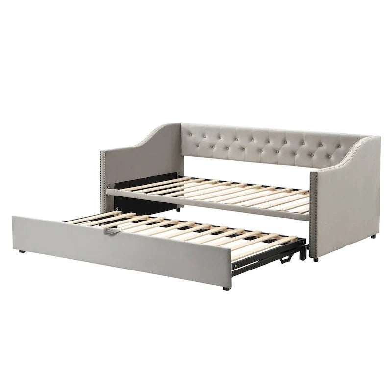 Upholstered Daybed with Trundle Bed and Tufted Backrest 9