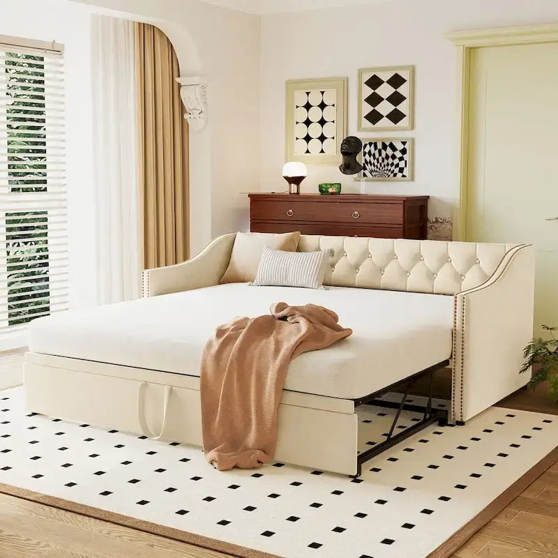 Upholstered Daybed with Trundle Bed and Tufted Backrest 10