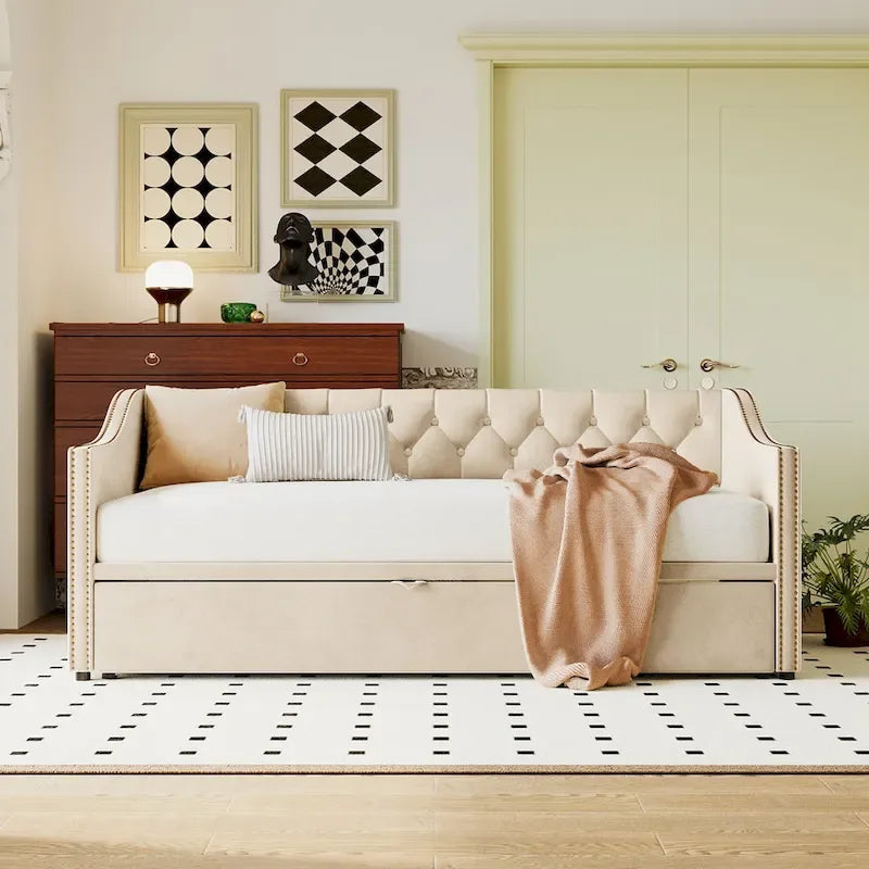 Upholstered Daybed with Trundle Bed and Tufted Backrest 11