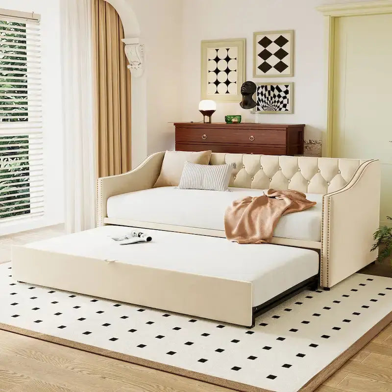 Upholstered Daybed with Trundle Bed and Tufted Backrest 12