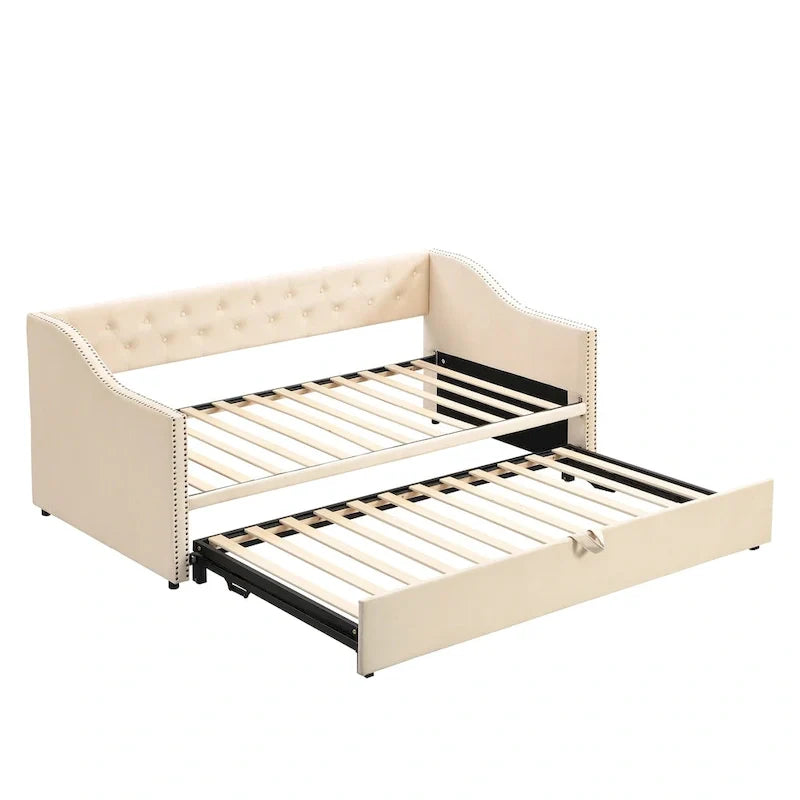 Upholstered Daybed with Trundle Bed and Tufted Backrest 14