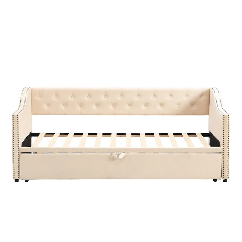 Upholstered Daybed with Trundle Bed and Tufted Backrest 17
