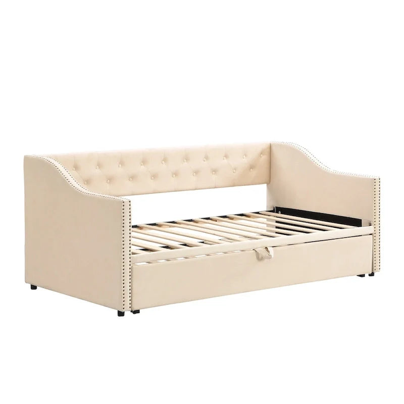 Upholstered Daybed with Trundle Bed and Tufted Backrest 18