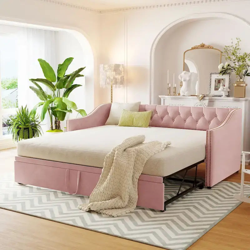 Upholstered Daybed with Trundle Bed and Tufted Backrest 19