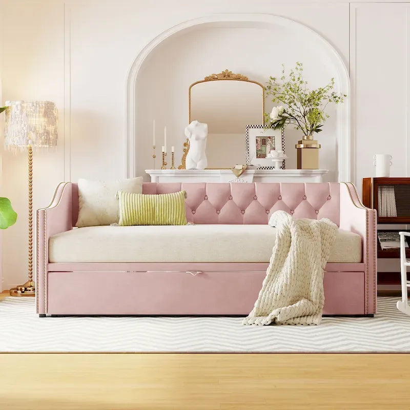 Upholstered Daybed with Trundle Bed and Tufted Backrest 20
