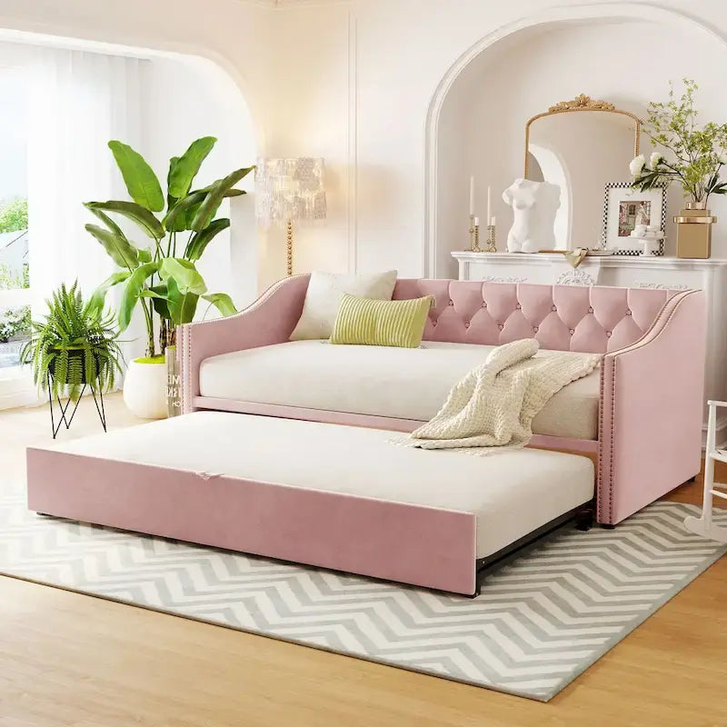 Upholstered Daybed with Trundle Bed and Tufted Backrest 21