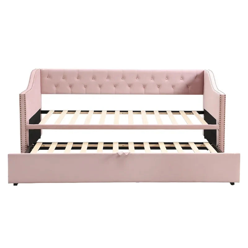 Upholstered Daybed with Trundle Bed and Tufted Backrest 22