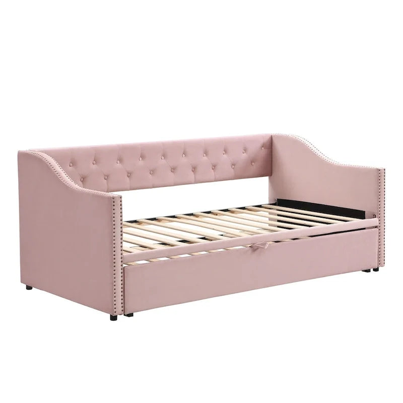 Upholstered Daybed with Trundle Bed and Tufted Backrest 23
