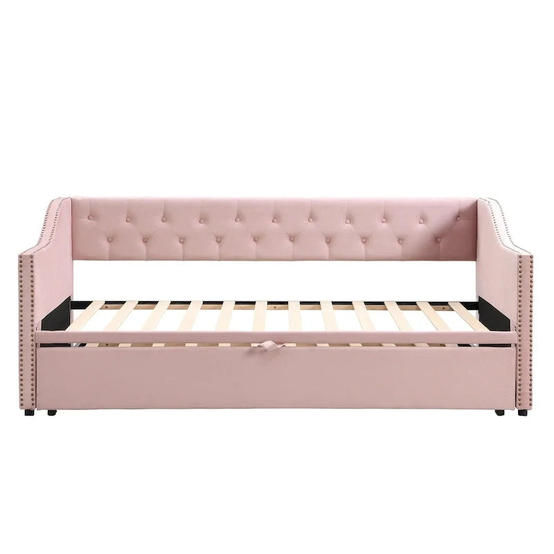 Upholstered Daybed with Trundle Bed and Tufted Backrest 24