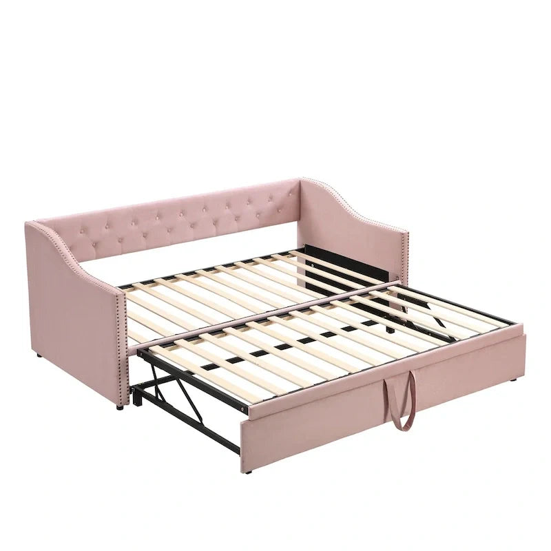 Upholstered Daybed with Trundle Bed and Tufted Backrest 25